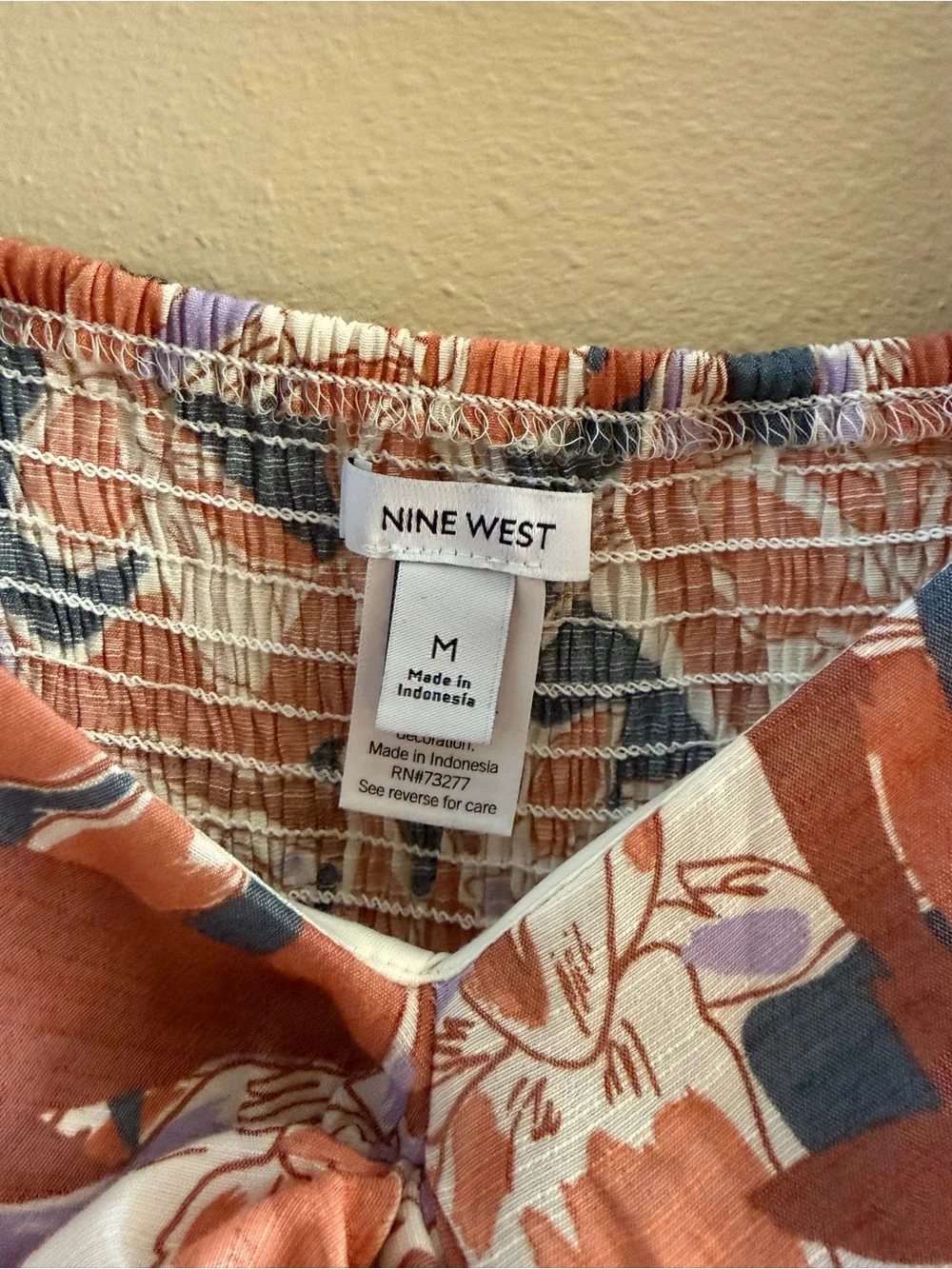 Nine West Floral Puff-Sleeve Square Neck Top in Terracotta, Navy & Lilac